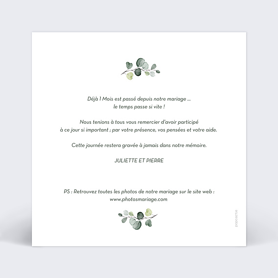 Carte remerciement mariage Petite Couronne Eucalyptus Verso