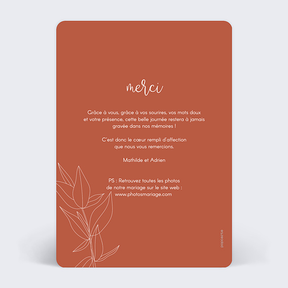 Carte remerciement mariage Terracotta Flowers Verso