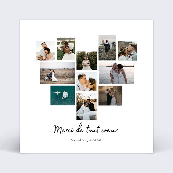 Carte remerciement mariage Pêle-Mêle Coeur Recto