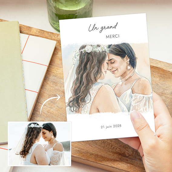 Carte remerciement mariage Portrait en aquarelle Après 1