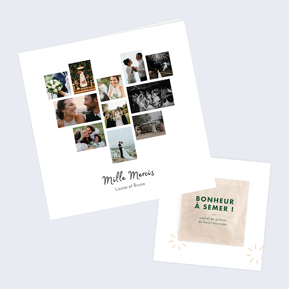 Carte remerciement mariage Pêle Mêle Coeur Graines à planter Après 1