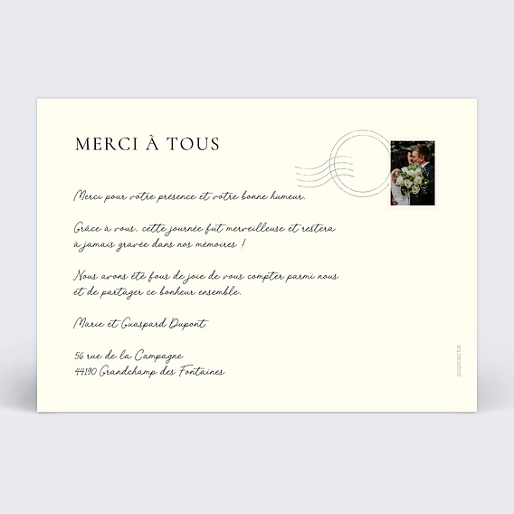 Carte remerciement mariage Effet Argentique Verso