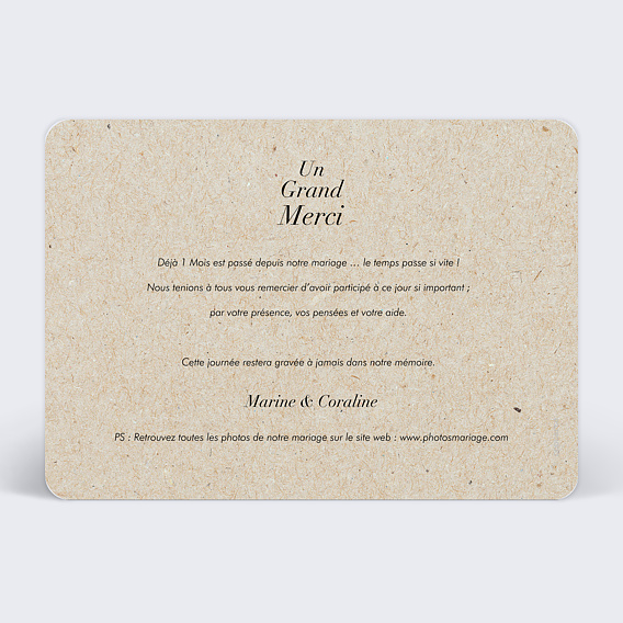 Carte remerciement mariage Champêtre Kraft Verso