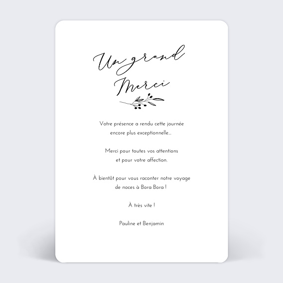 Carte remerciement mariage Brindilles Verso