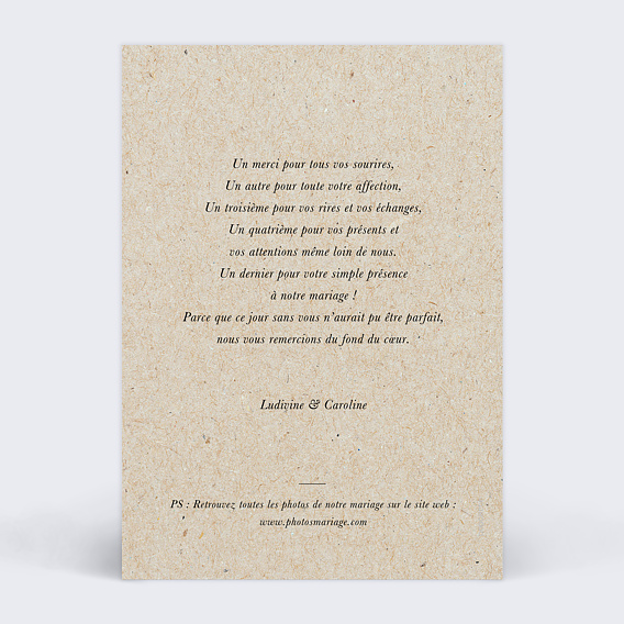 Carte remerciement mariage Rêve d'Amour Kraft Verso