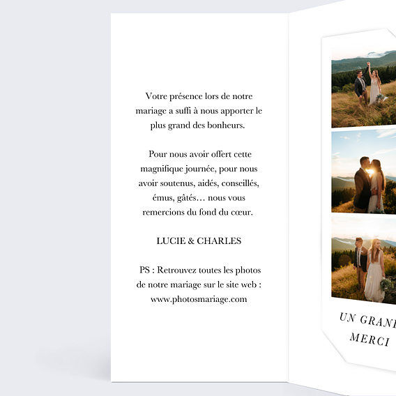 Carte remerciement mariage Date inoubliable Intérieur Gauche