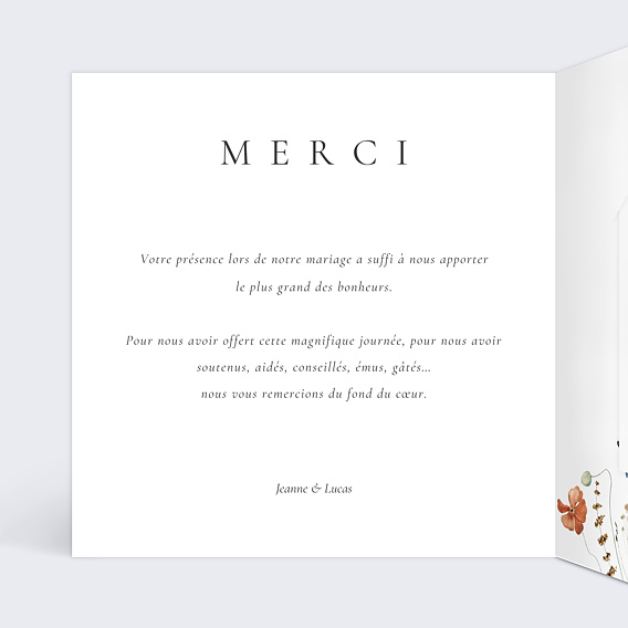 Carte remerciement mariage Fleurs des champs avec graines Intérieur Gauche