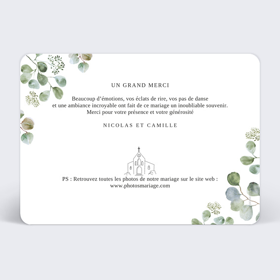 Carte remerciement mariage Cadre Eucalyptus Verso