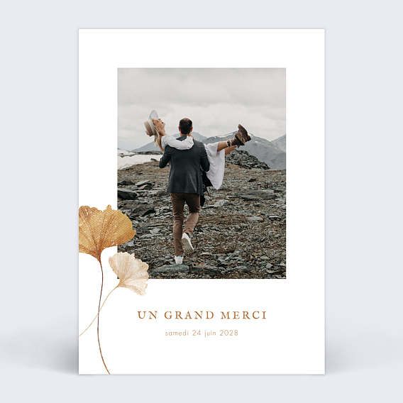 Carte remerciement mariage Ginkgo délicats