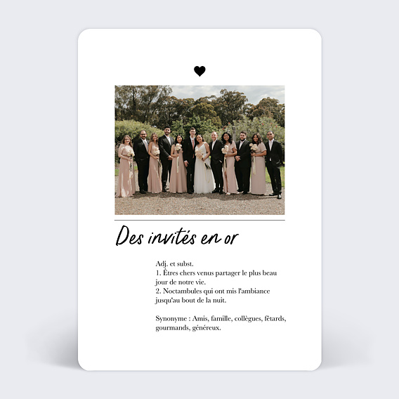 Carte remerciement mariage Invités en Or
