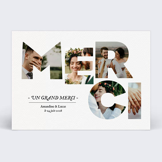 Carte remerciement mariage Merci en photos