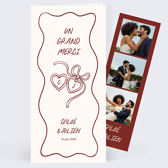 Carte remerciement mariage Coeurs enlacés