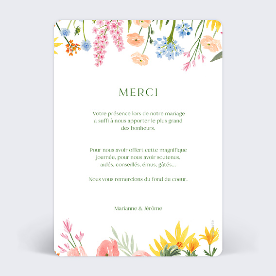 Carte remerciement mariage Jardin Verso