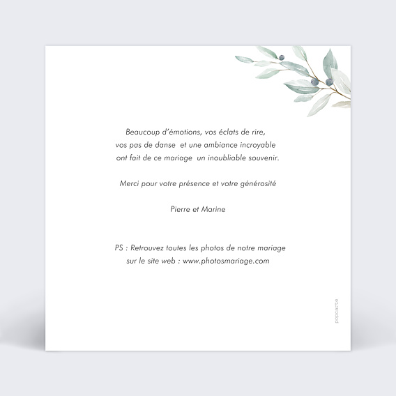 Carte remerciement mariage Couronne Aquarelle Verso