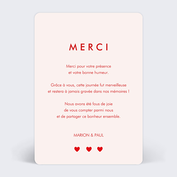 Carte remerciement mariage 1001 Cœurs Verso