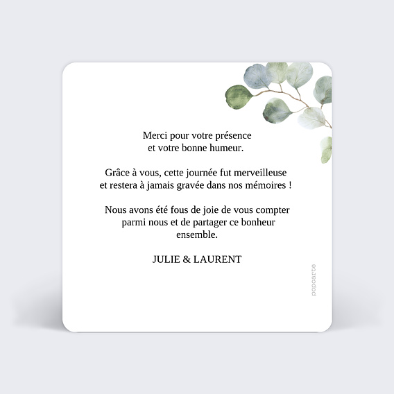 Carte remerciement mariage Couronne Ocre Eucalyptus Verso