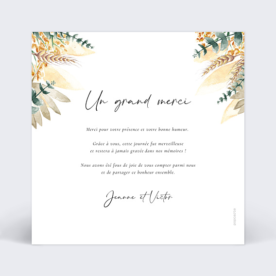 Carte remerciement mariage Bohemia Verso