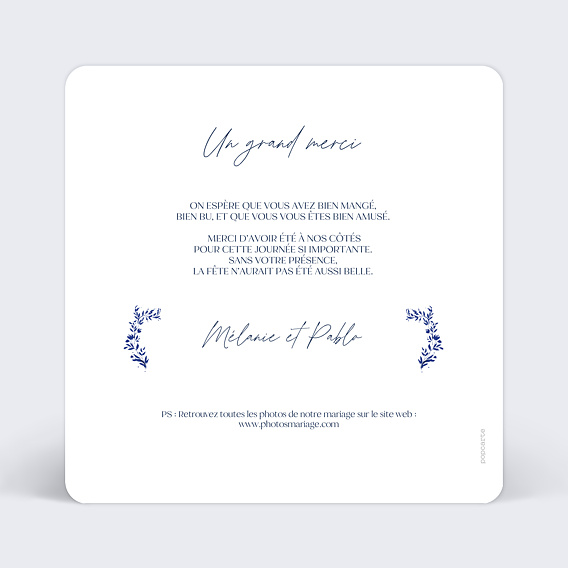 Carte remerciement mariage Esprit Azulejos Verso