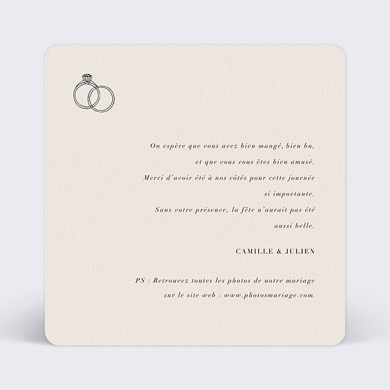 Carte remerciement mariage Jolies Alliances Verso