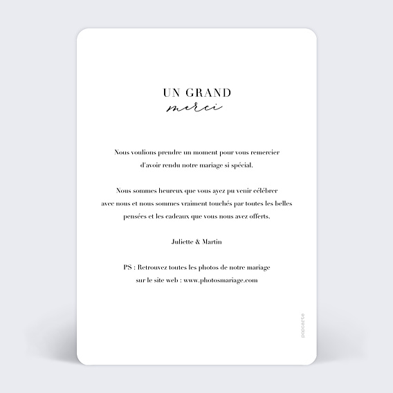 Carte remerciement mariage Grande Typo Merci Verso