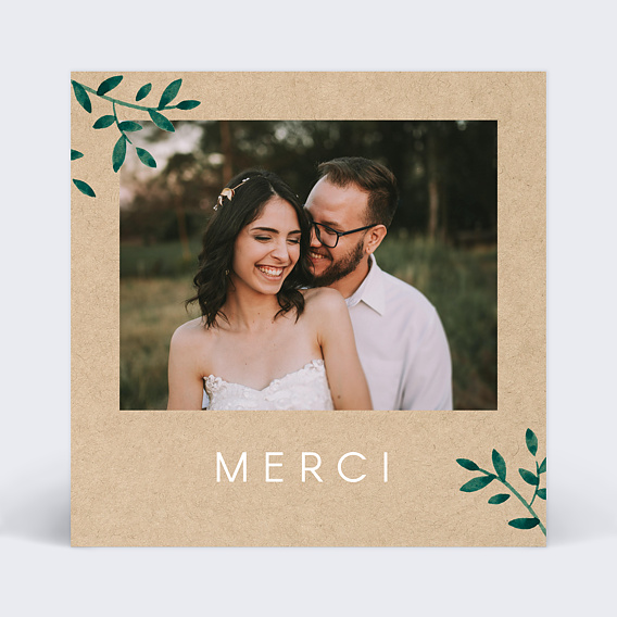 Carte remerciement mariage Feuilles kraft Recto