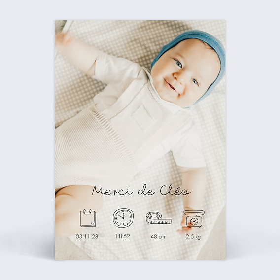 Carte remerciement naissance Certificat Vertical Noir
