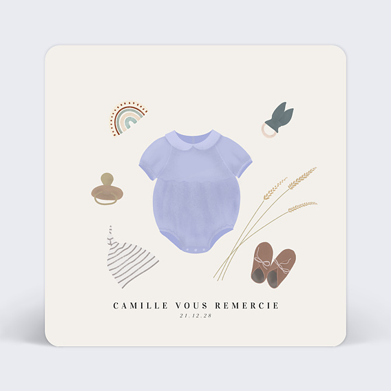 Carte remerciement naissance Layette Myrtille