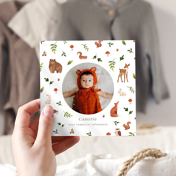 Carte remerciement naissance Lettrine Forêt
