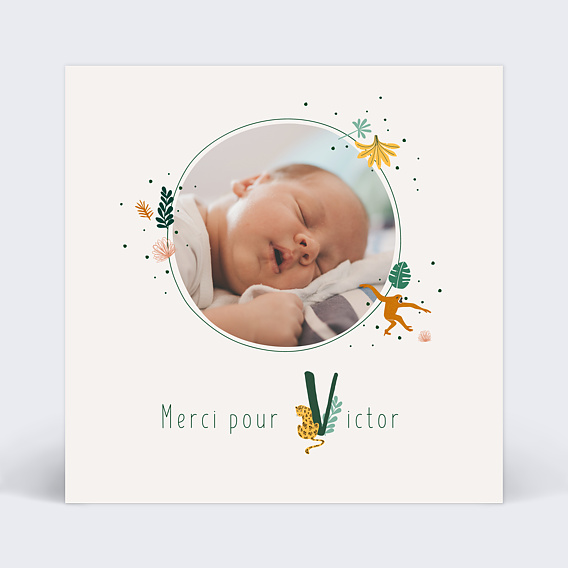 Carte remerciement naissance Lettrine Jungle