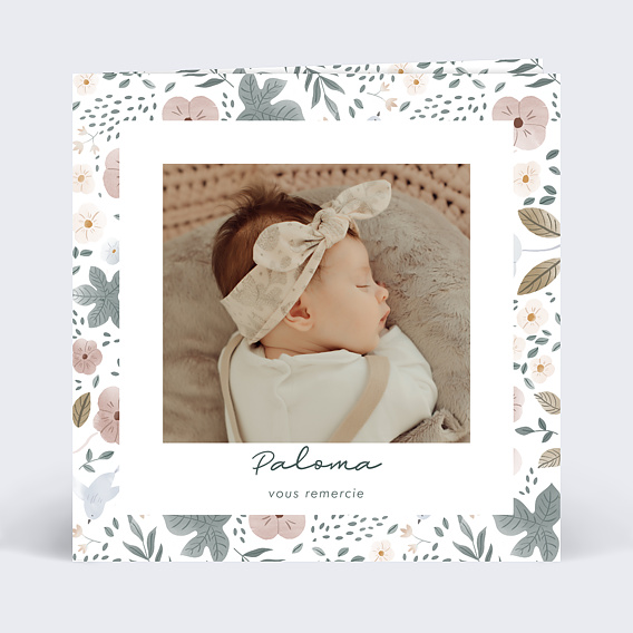 Carte remerciement naissance Magnolia Polaroïd avec Graines