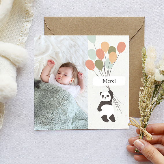 Carte remerciement naissance Panda ballons