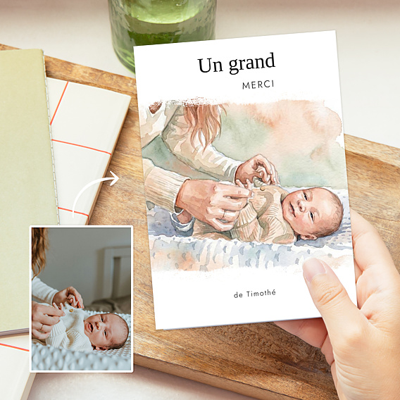 Carte remerciement naissance Portrait en aquarelle