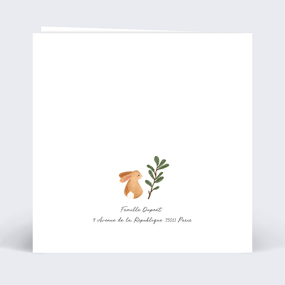 Carte remerciement naissance Lapin Forêt Verso