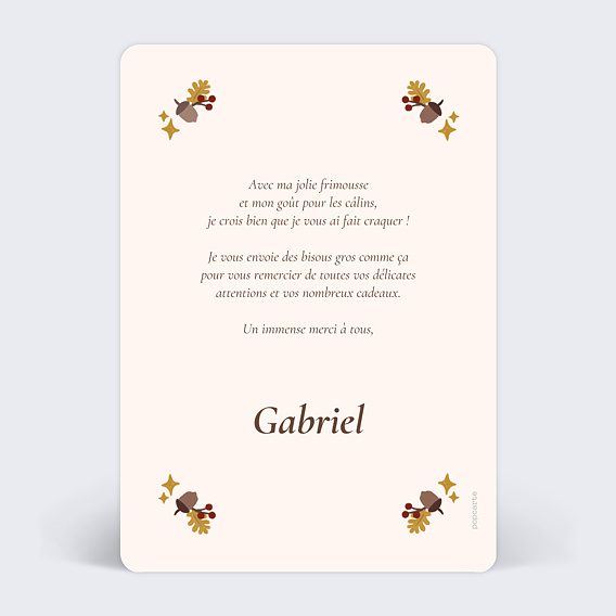 Carte remerciement naissance Bois magique Verso