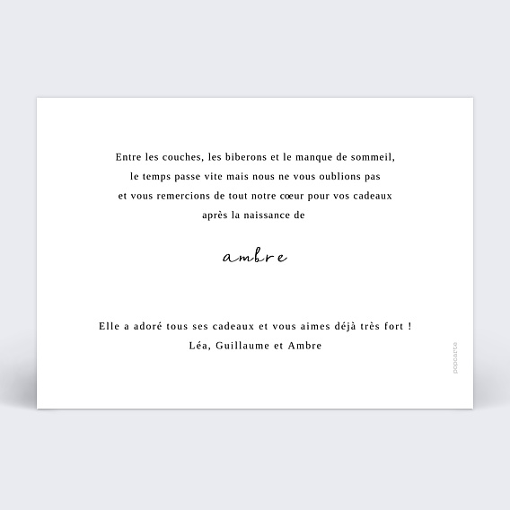 Carte remerciement naissance Certificat Moderne Verso