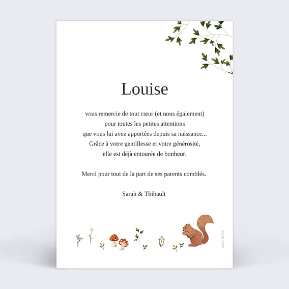 Carte remerciement naissance Forêt Enchantée Verso