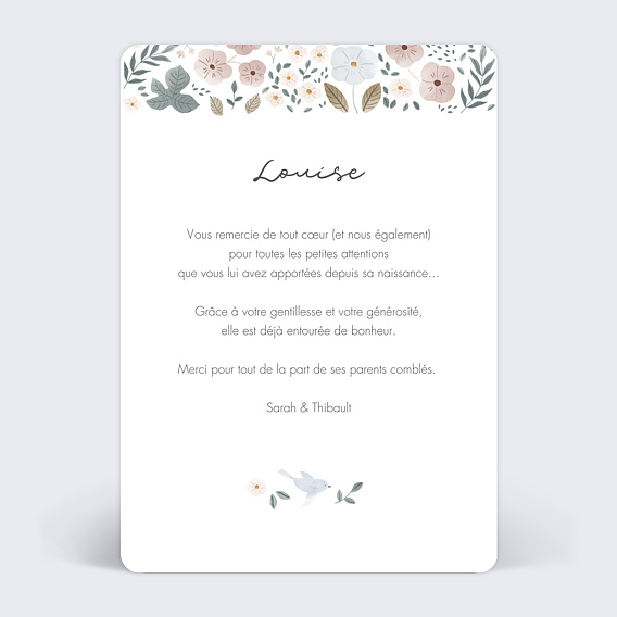 Carte remerciement naissance Frise Fleurie Verso