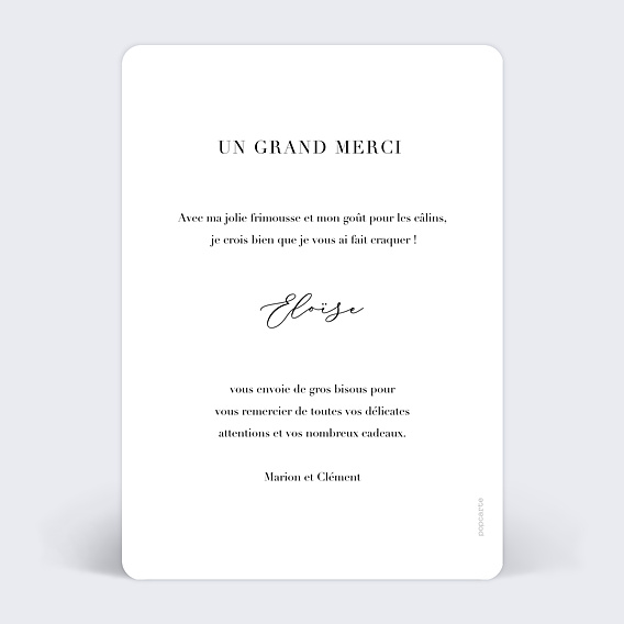 Carte remerciement naissance Grande typo merci Verso