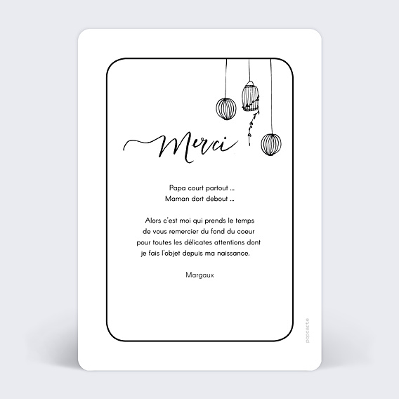 Carte remerciement naissance Liberté Verso