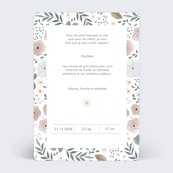 Carte remerciement naissance Magnolia Polaroïd Verso
