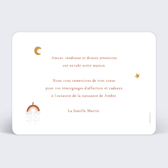 Carte remerciement naissance Mobile Arc-en-Ciel Verso