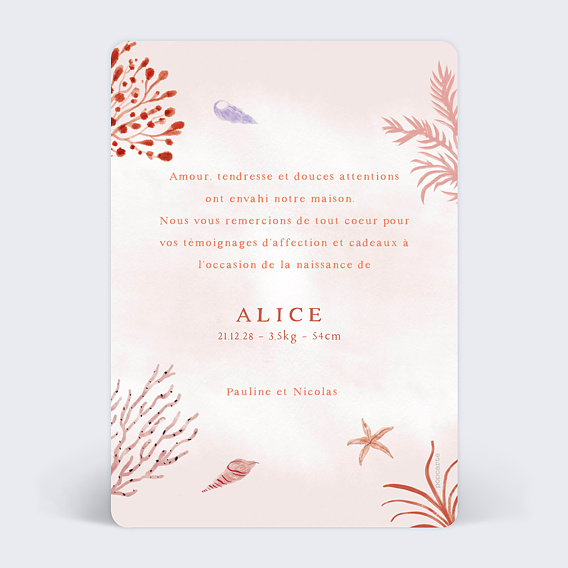 Carte remerciement naissance Pleine Mer Verso