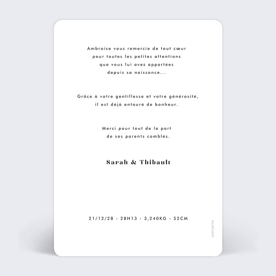 Carte remerciement naissance Praline Verso