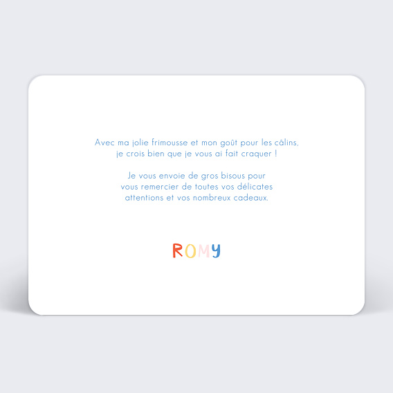 Carte remerciement naissance Texte Coloré Verso