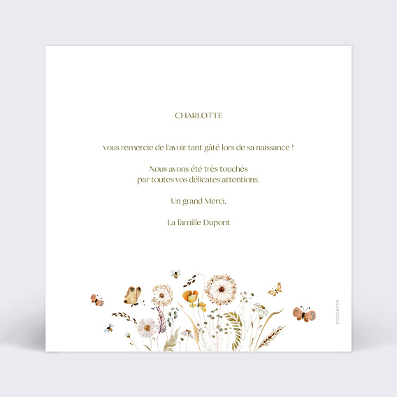 Carte remerciement naissance Papillon et Fleurs Verso