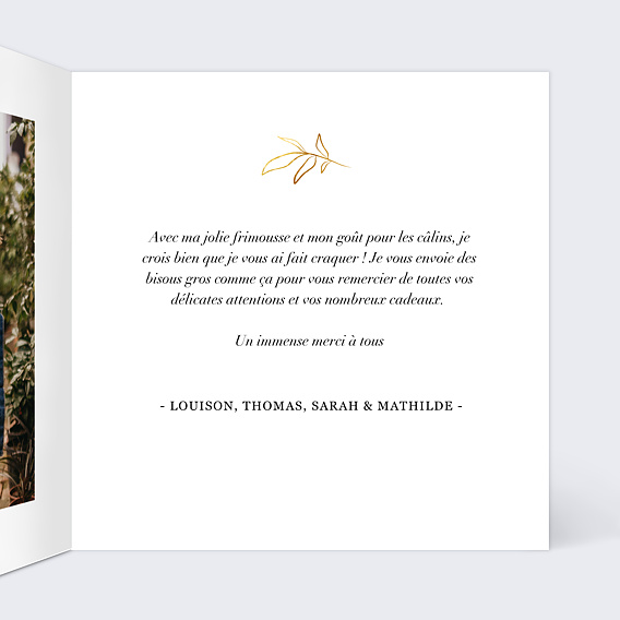Carte remerciement naissance Feuillage Ocre Intérieur Droit