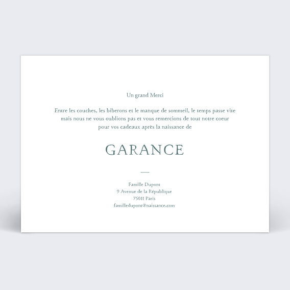 Carte remerciement naissance Merci Typographie Verso