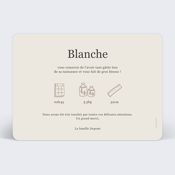 Carte remerciement naissance Merci de côté Verso