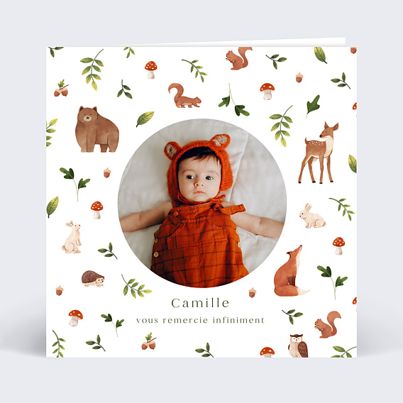 Carte remerciement naissance Lettrine Forêt Recto
