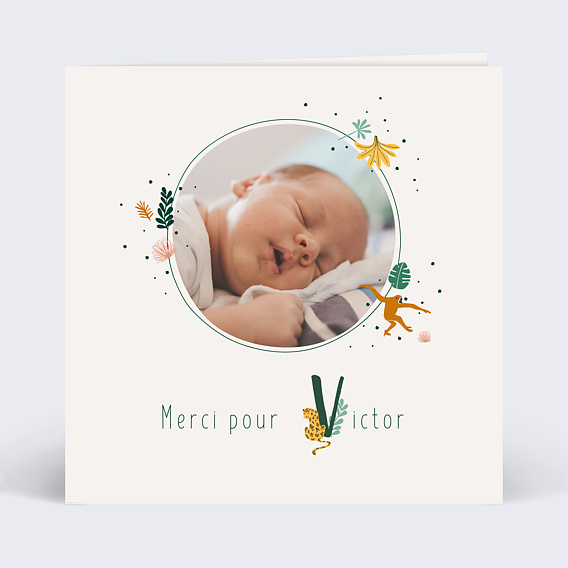 Carte remerciement naissance Lettrine Jungle